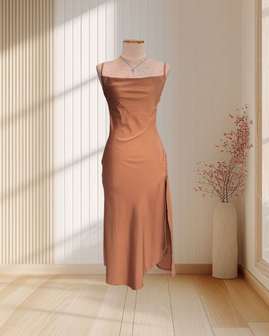 (PRE-LOVED) ชุดราตรียาวสายเดี่ยวแต่งกระดุม สีน้ำตาล S