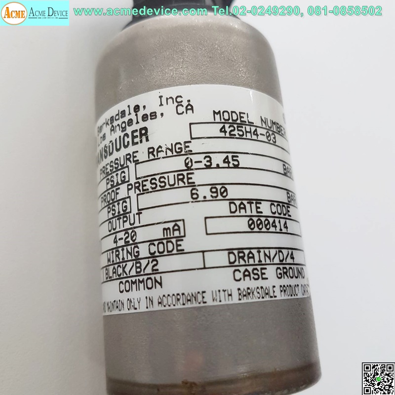 Pressure Barksdale รุ่น 425H4-03, 0 to 50PSIG ( 0 to 3.45Bar), Analog out 4-20mA