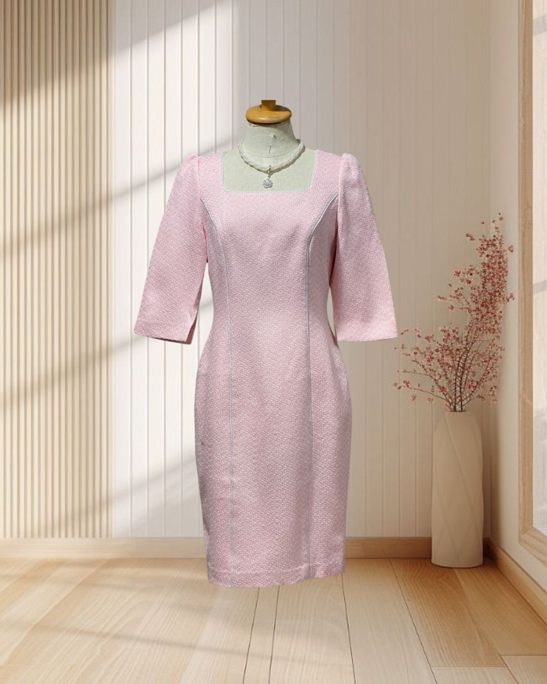 (PRE-LOVED) ราตรีสั้นสีชมพูมีแขน ผ้าทวิต แต่งกุ๊น ไซส์ S