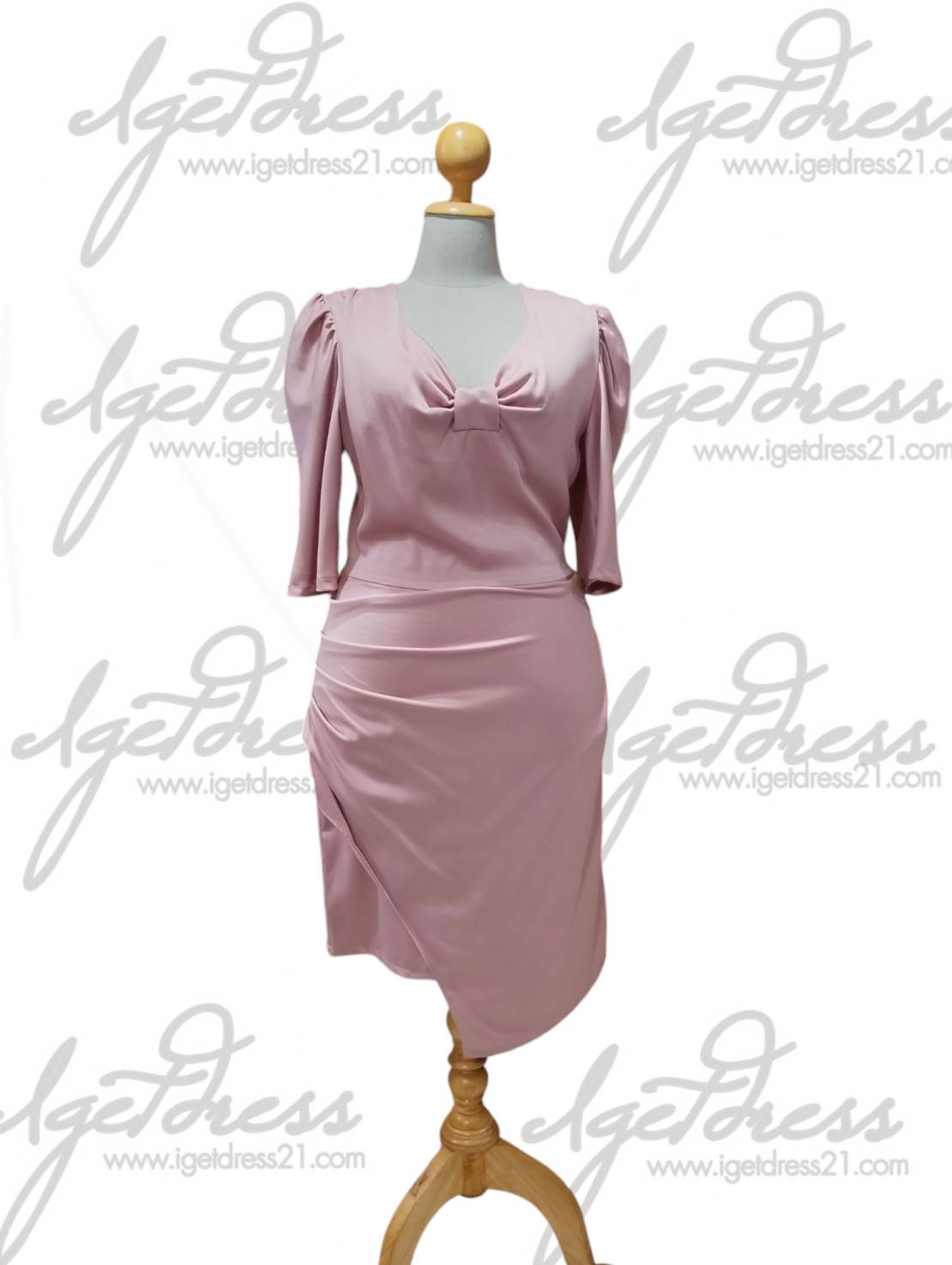 ราตรีสั้นมีแขนอกโบว์ สีชมพู (2XL) มือ2