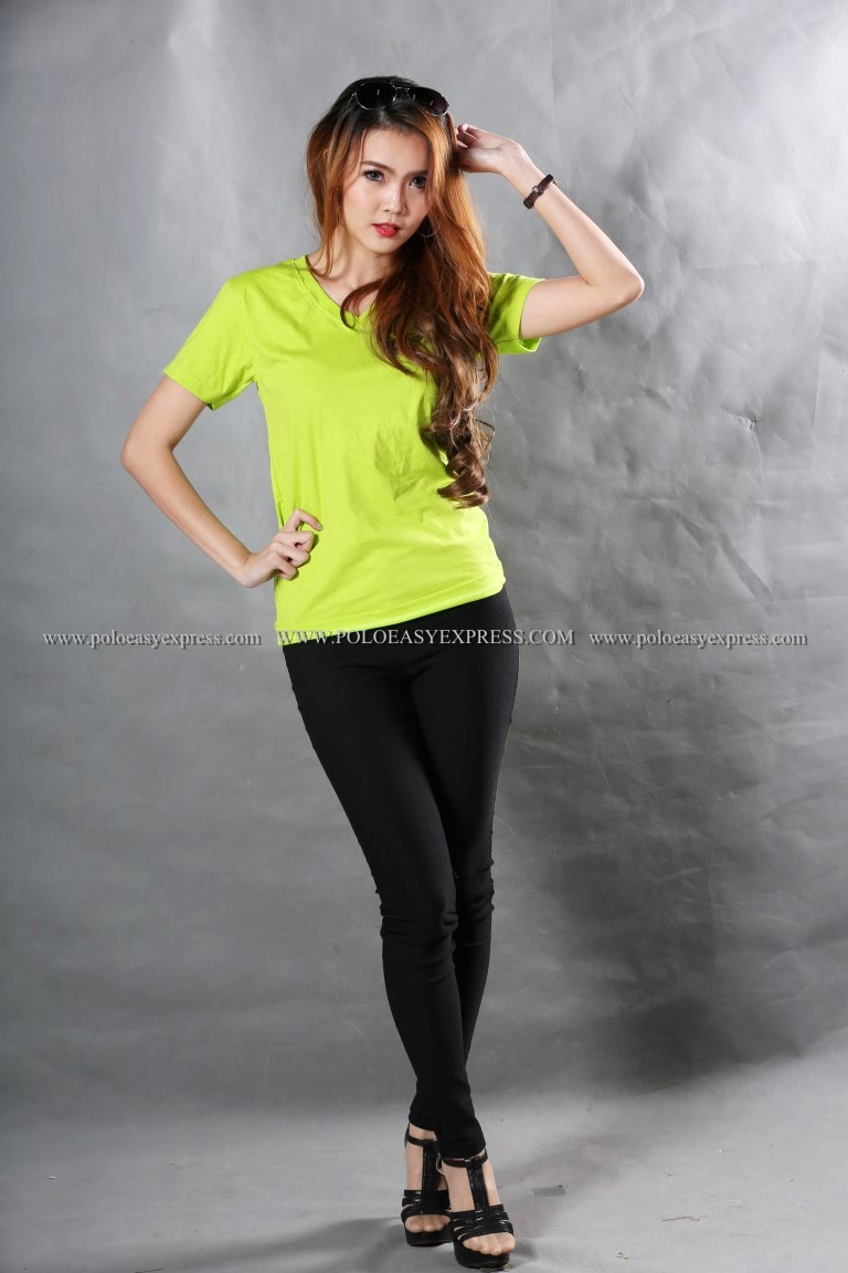 M เสื้อยืด สีเขียวมะนาว คอวี แขนสั้น Size M