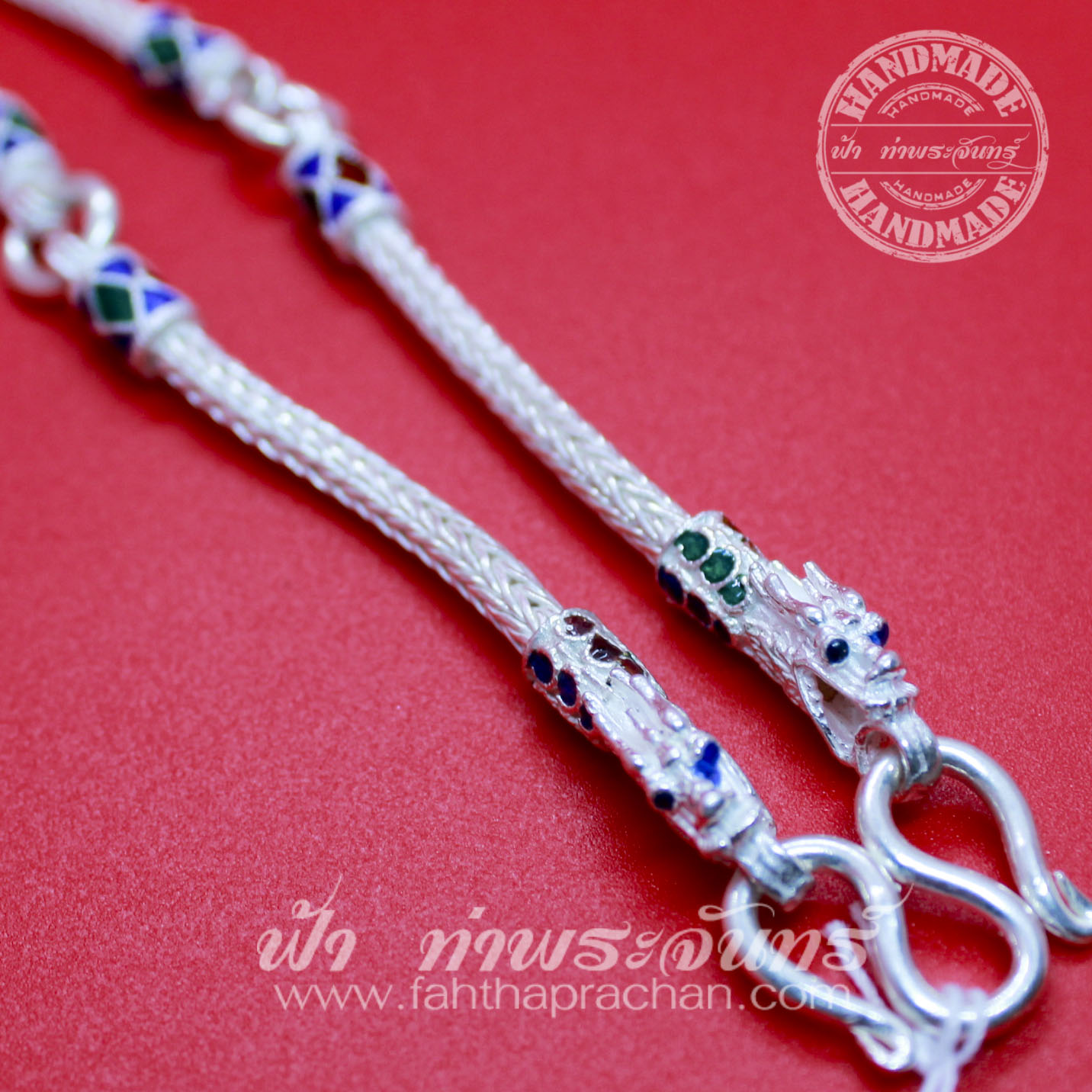 สร้อยคอเงินแท้ 92.5 ลายหกเสา หัวมังกร ลงยา 5 ห่วง