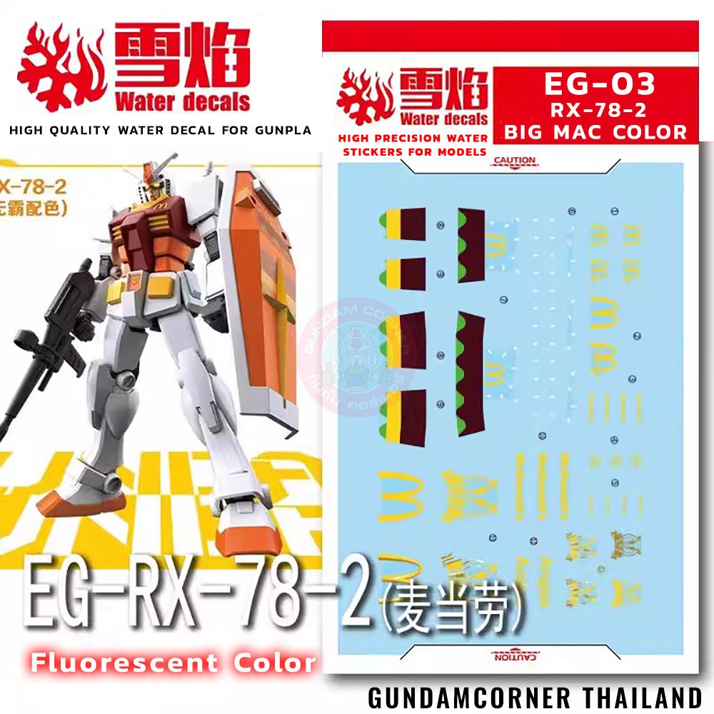 ดีคอลน้ำ EG ENTRY GRADE 1/144 RX-78-2 BIG MAC COLOR EG-03 Water Decal Fluorescent color สติ็กเกอร์น้ำสะท้อนแสงเมื่อส่องด้วย UV Blacklight