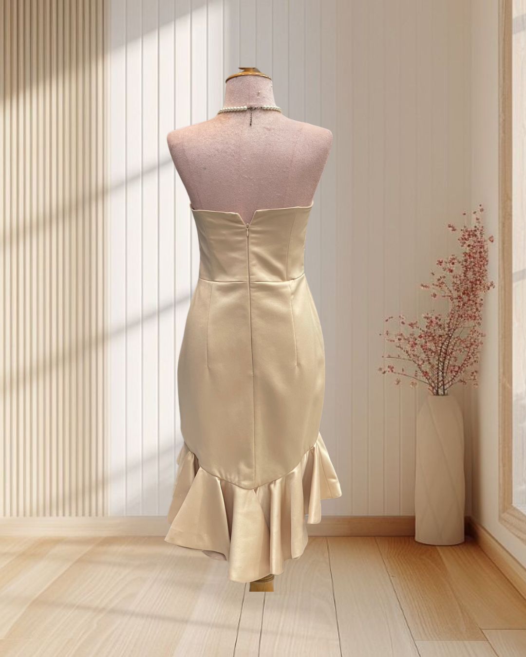 ราตรีสั้นสีครีม เกาะอกกระโปรงหางปลา ไซส์ M