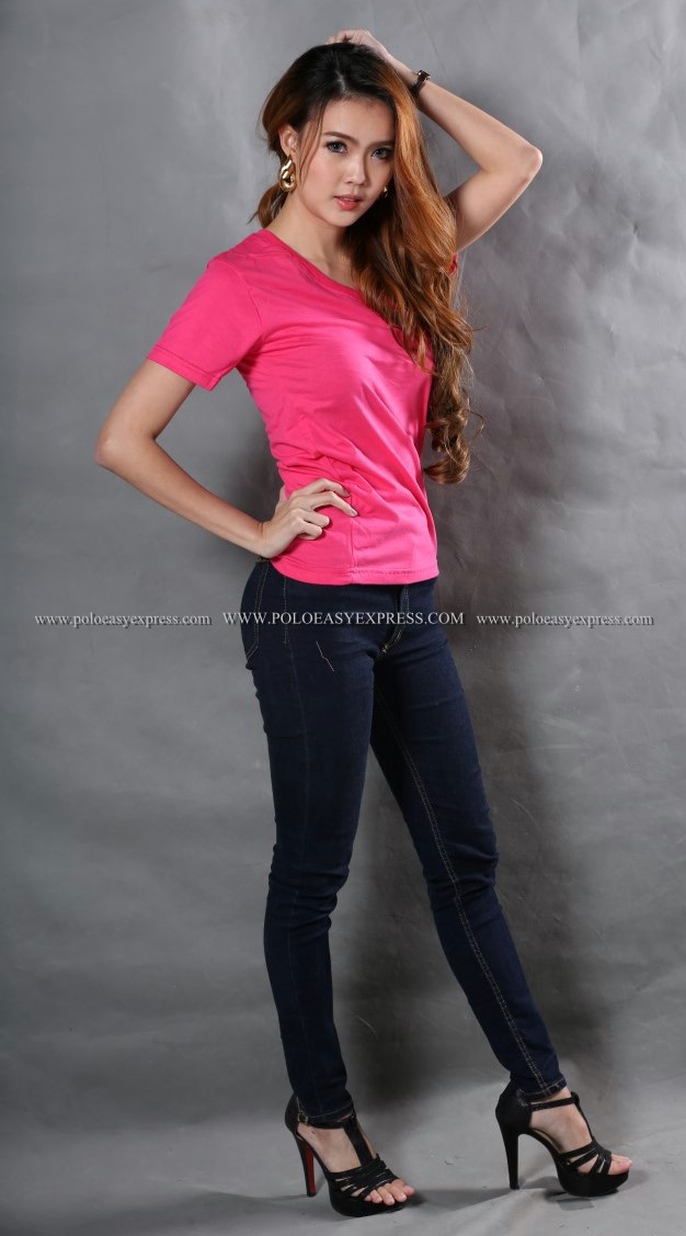 S เสื้อยืด สีชมพู Pinky คอวี แขนสั้น Size S