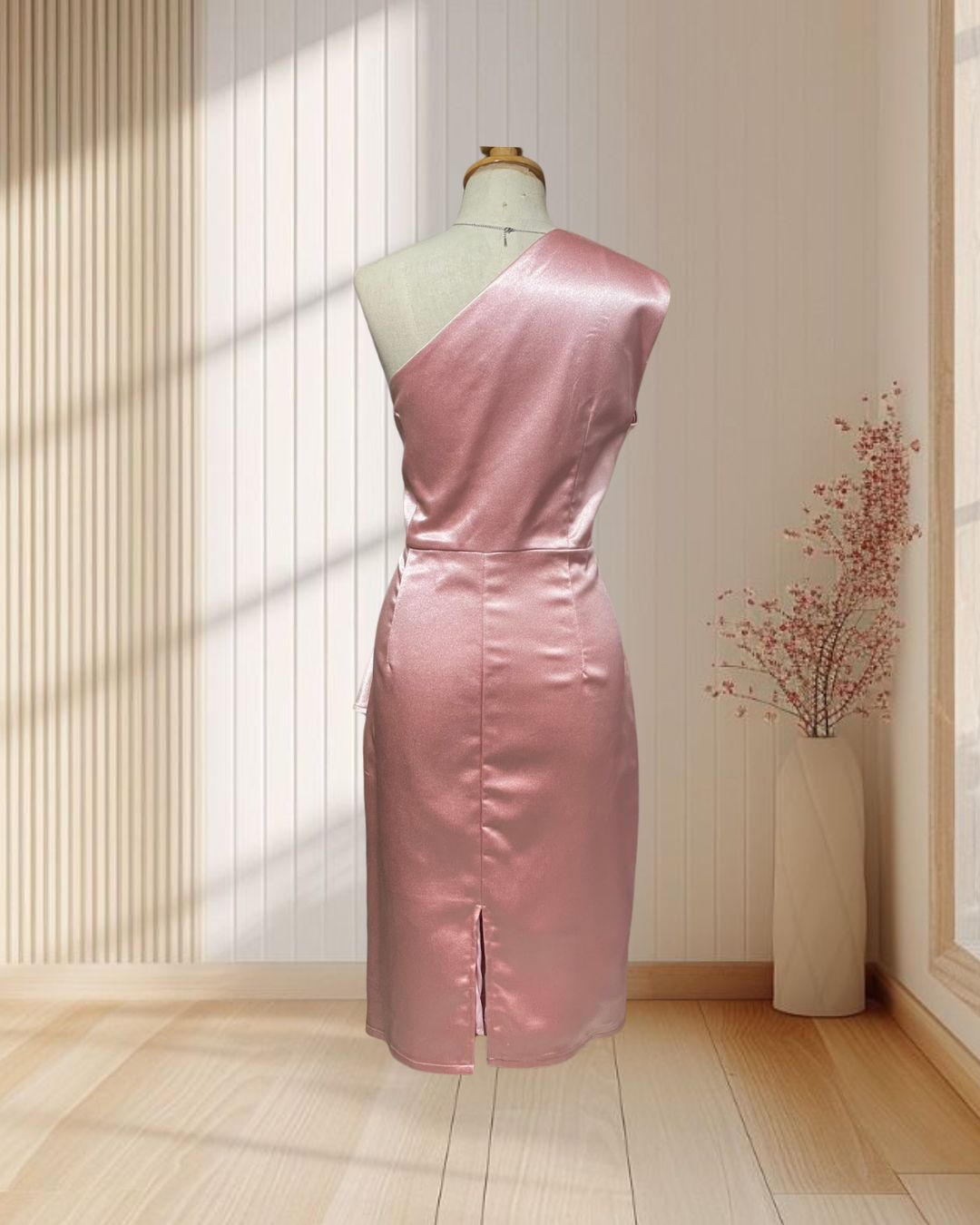 (PRE-LOVED) ราตรีสั้นสีชมพู ผ้าไหมเทียมเงา บ่าเฉียง แต่งระบายสะโพก ไซส์ XL