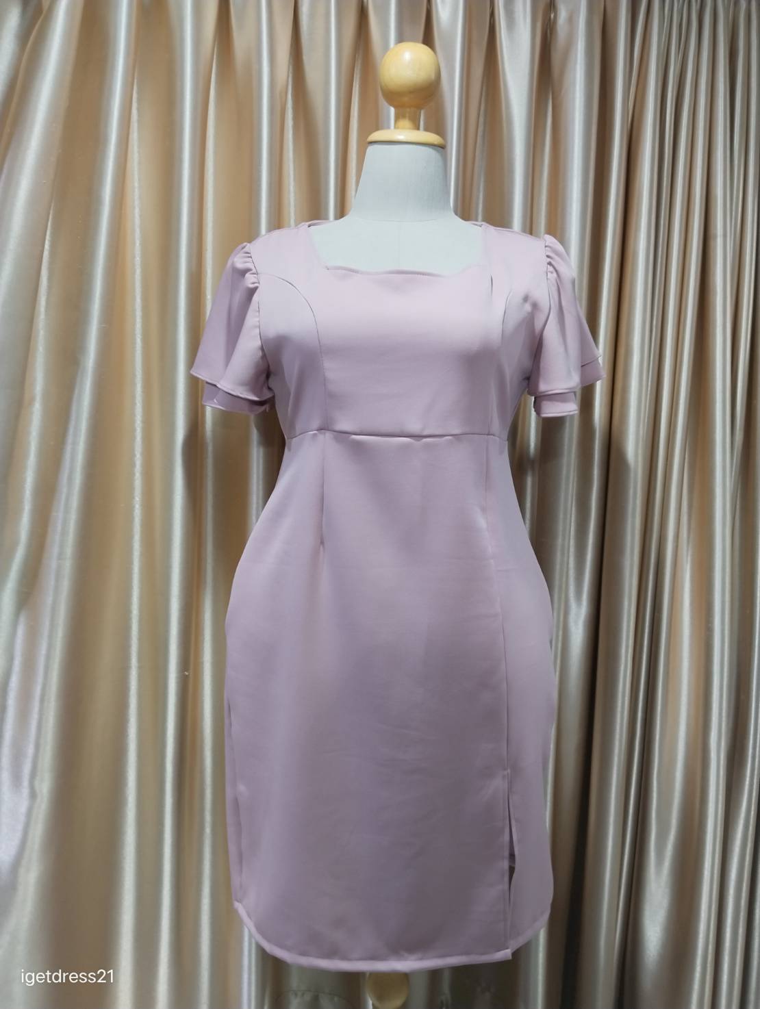 เดรสสั้นออกงานแขสั้นบาร์บี้อกเรียบแขนจีบสีชมพู 3XL