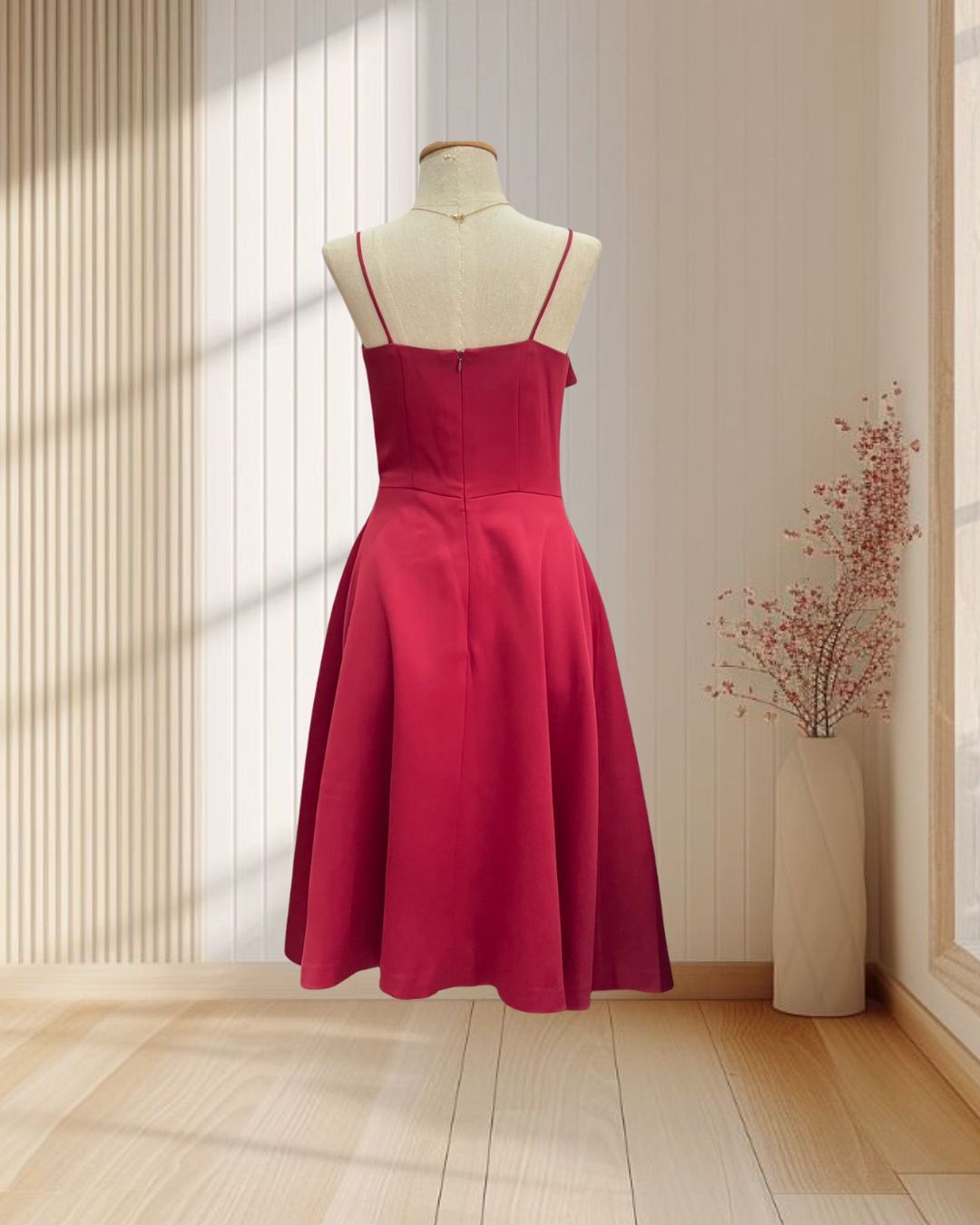 (PRE-LOVED) ราตรีสั้นสีแดง สายเดี่ยว แต่งกรีบช่วงอก กระโปรงบาน ไซส์ S