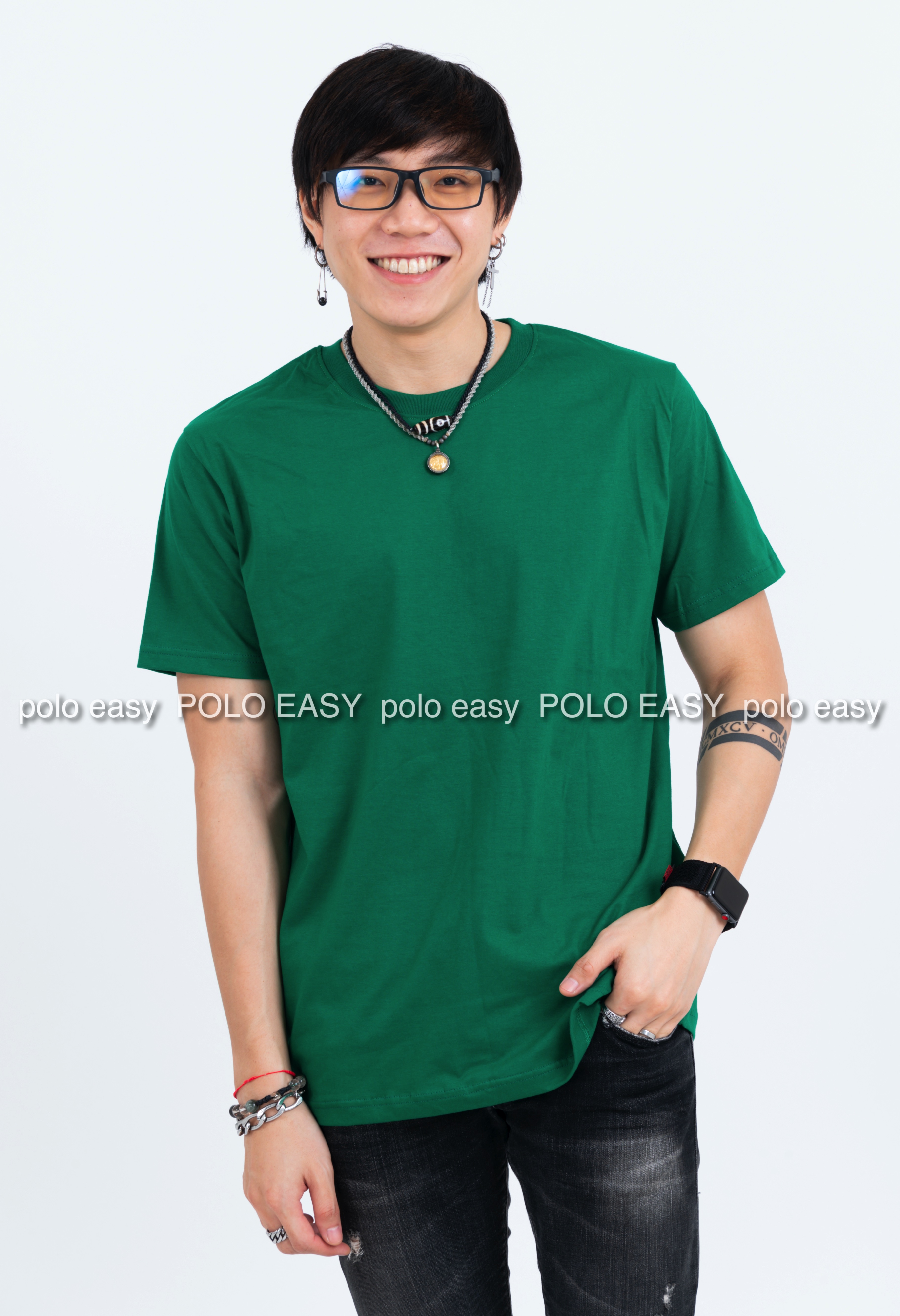 4XL เสื้อยืด สีเขียวใบไม้ คอกลม แขนสั้น Size 4XL