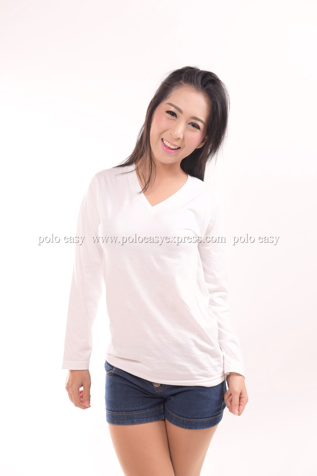 เสื้อยืด สีขาว คอวี แขนยาว Size 2XL