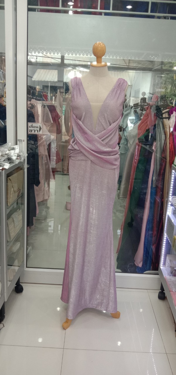 ยาวแขนกุดgliterเอวไขว้สีม่วง (L)