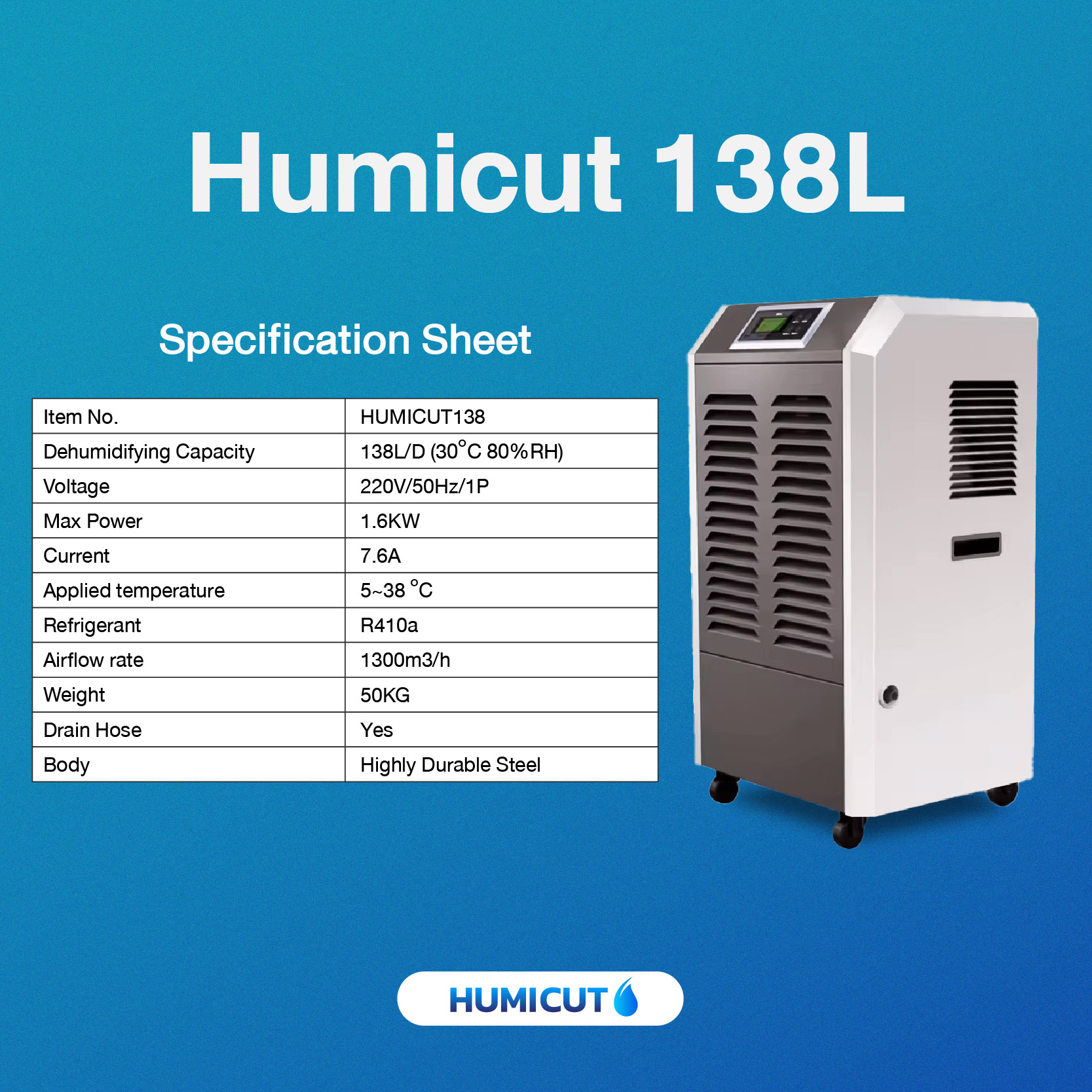 HUMICUT เครื่องลดความชื้นอุตสาหกรรม รุ่น Humicut 138L
