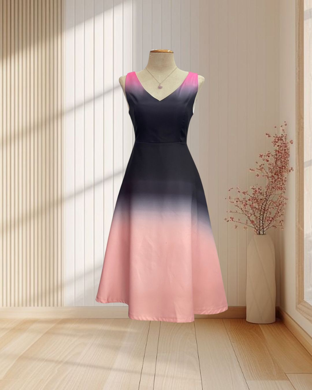 (PRE-LOVED) ราตรีสั้นสีชมพูเฟดดำ ออมเบร แขนกุด ไซส์ M