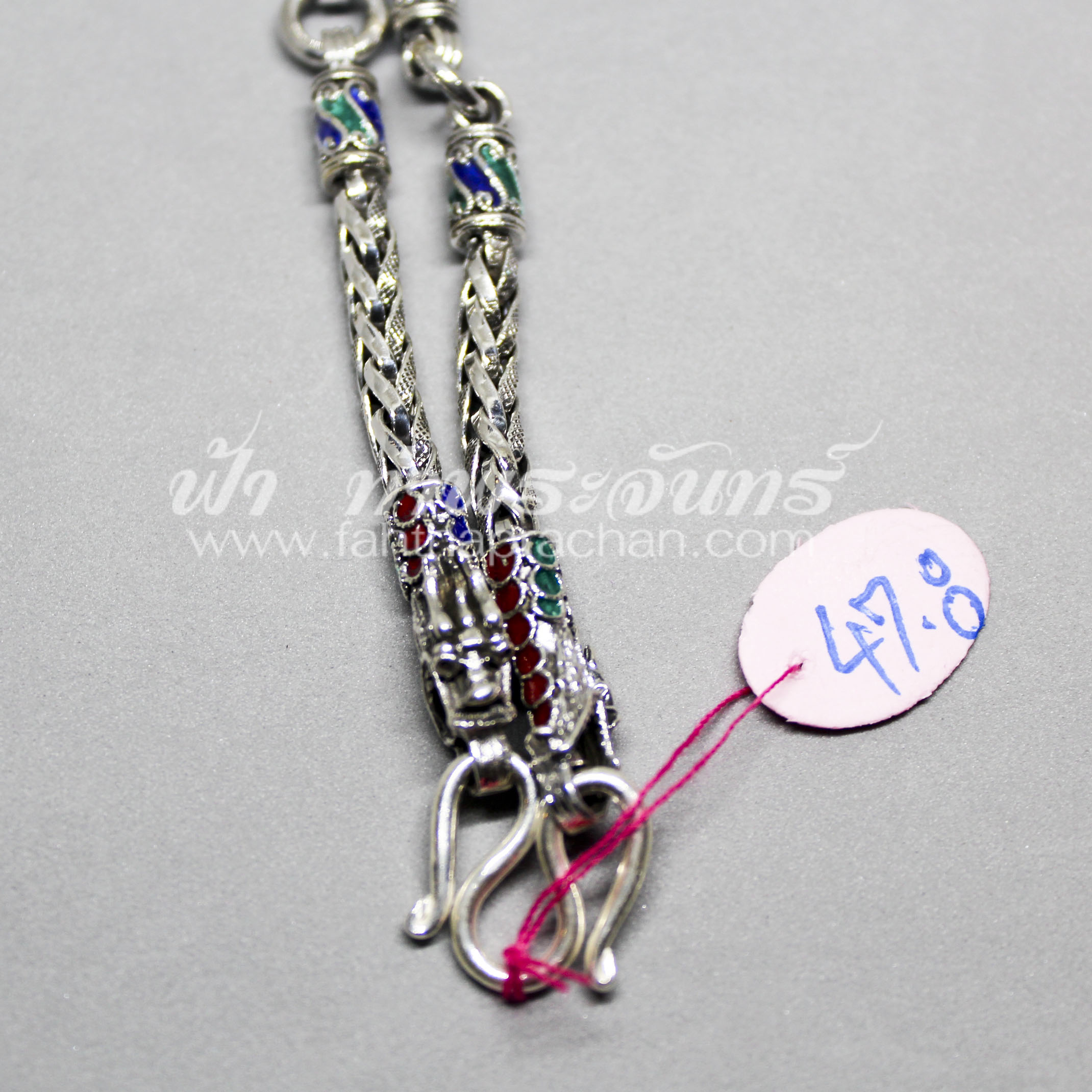 สร้อยเงินลายเปีย หัวมังกร ลงยา แบบสามห่วง หนัก 47.8 กรัม