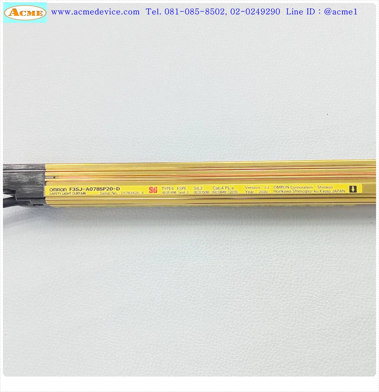 Area Sensor Omron รุ่น F3SJ-A0785P20-D + 3SJ-A0785P20-L, Output PNP, Resolution 20 mm, ยาว 785 mm, ระยะ 0.2-9 M