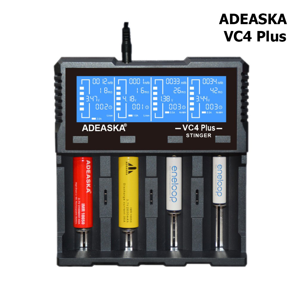 ที่ชาร์จแบตเตอรี่ ADEASKA VC4 PLUS กระแสชาร์จ 3A 3A 3A 3A รวมสูงสุด 12A ชาร์จเร็วมาก แสดงความจุ mAh สำหรับแบต 3.7v และ 1.2v 26650 18650 14500 AA AAA ของแท้ 100%