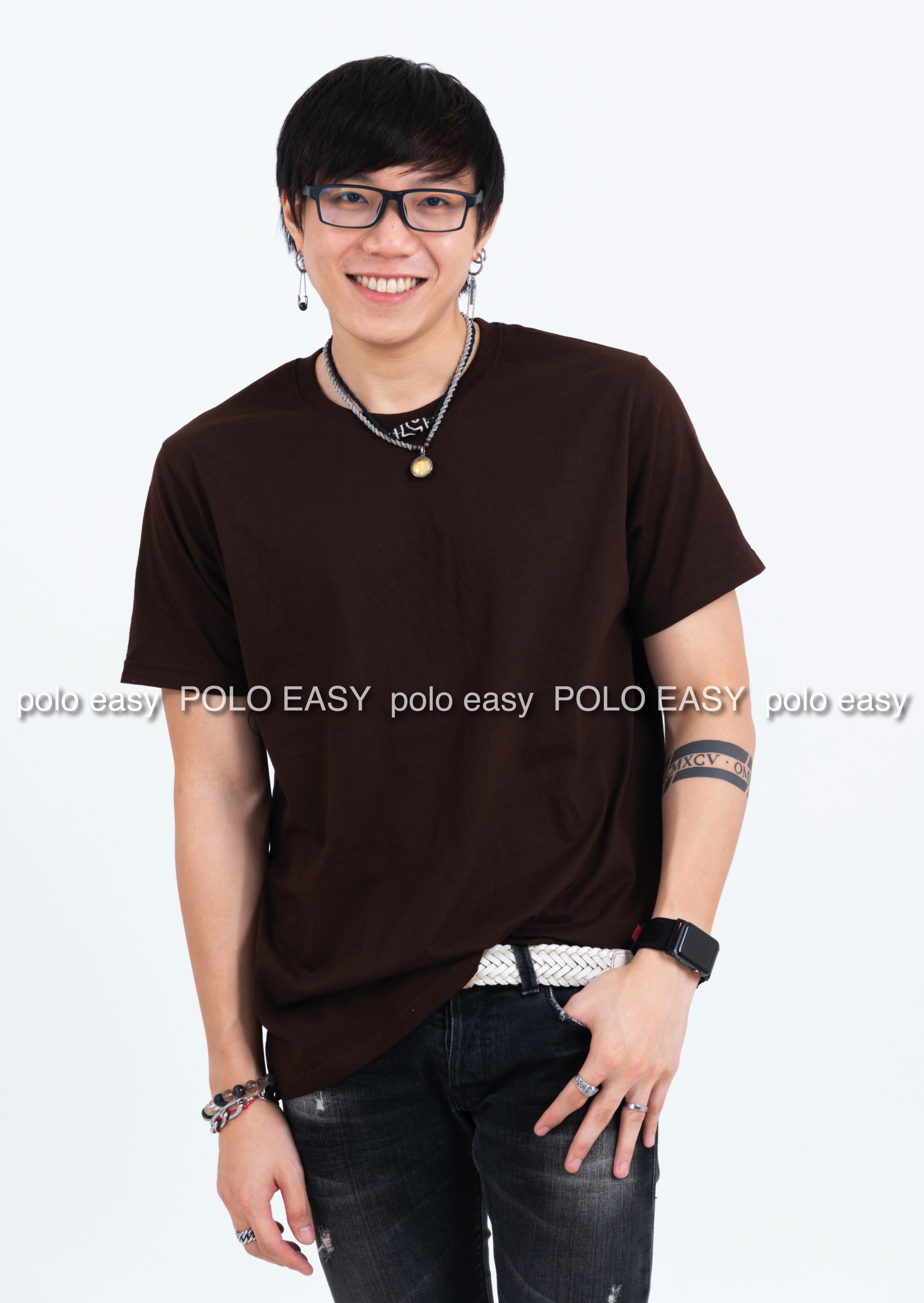 L เสื้อยืด สีน้ำตาล คอกลม แขนสั้น Size L