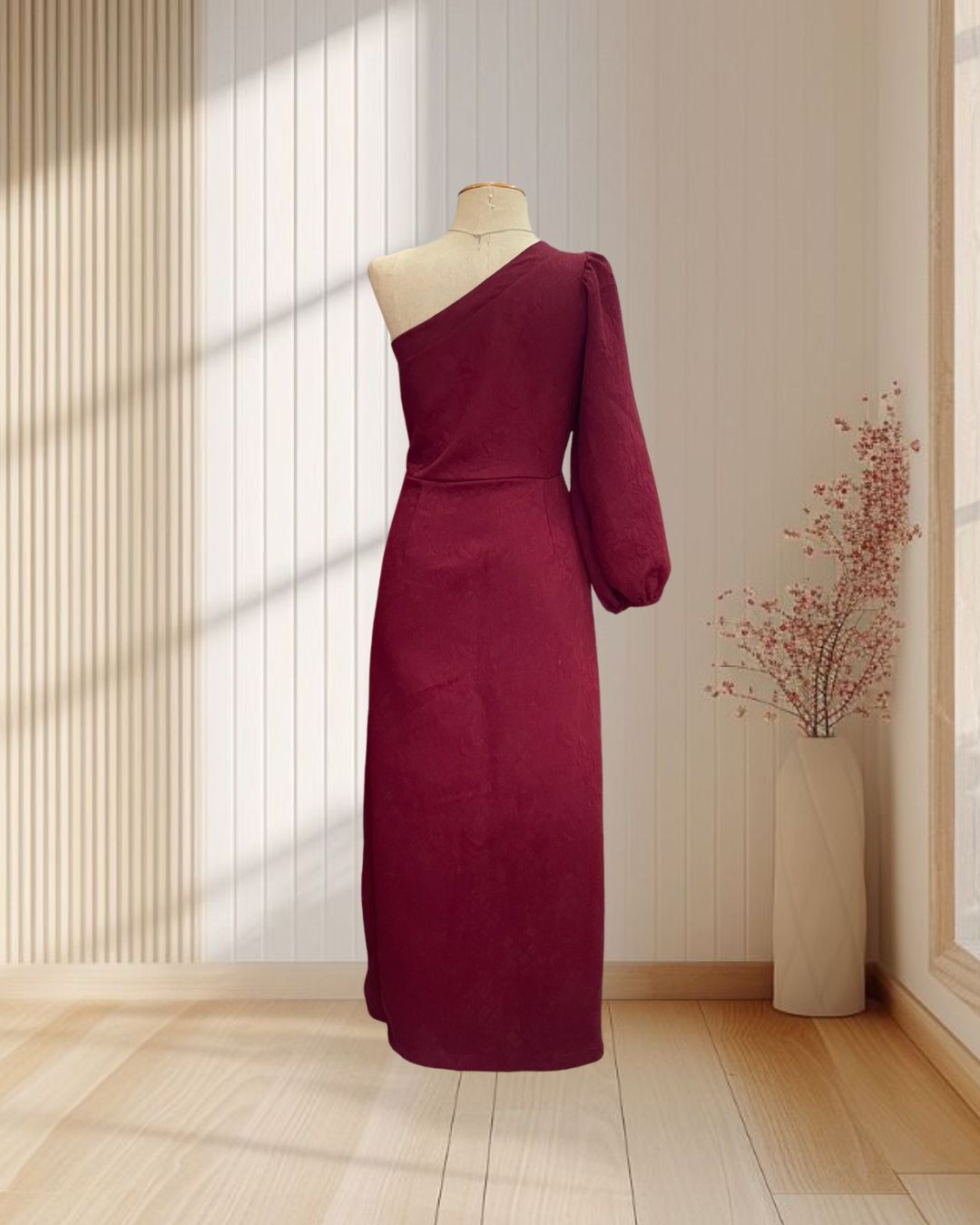 (PRE-LOVED) ราตรียาวสีแดง บ่าเฉียงแขนยาว ผ้าพิมพ์ลายนูน ไซส์ M