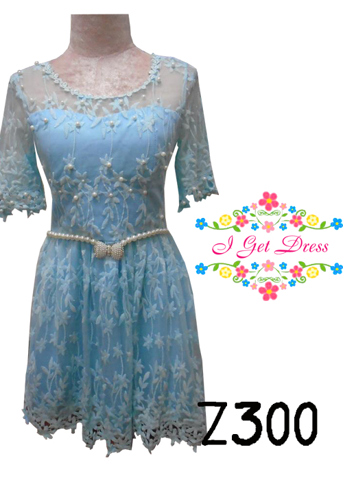 ราตรีสั้นลูกไม้สีฟ้า(ฟรีไซส์)