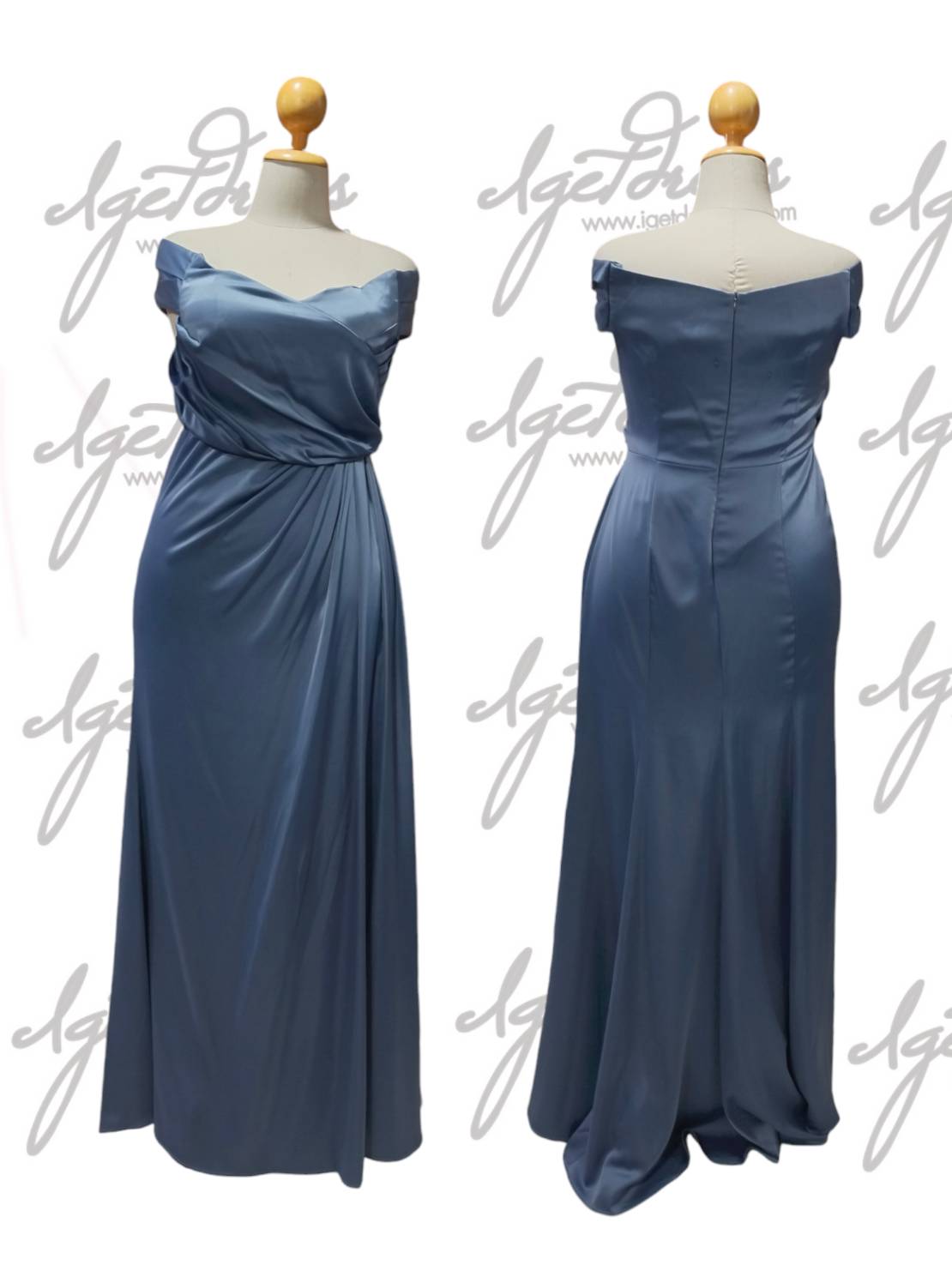 (PRE-LOVED) ราตรียาวสีฟ้าอมเทา ปาดไหล่ จีบอก ไซส์ 2XL