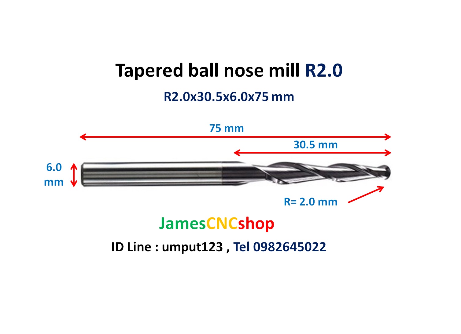 R2.0x30.5xD6x75 mm Tapered ball nose end mill TiAlN Carbide coat