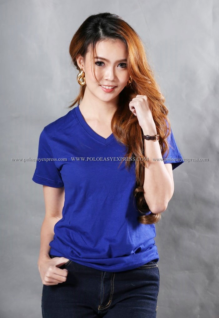 4XL เสื้อยืด สีน้ำเงิน คอวี แขนสั้น Size 4XL
