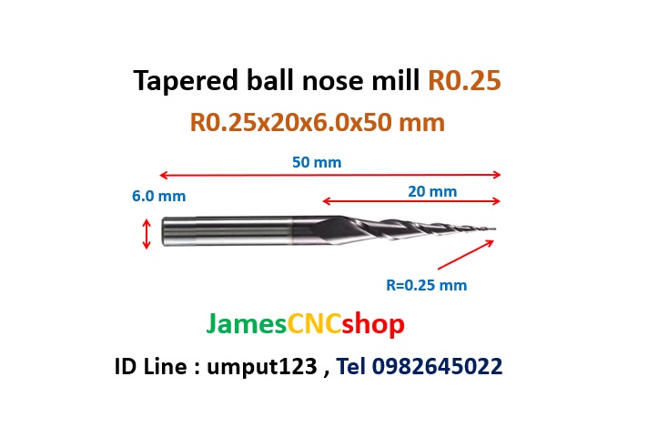 R0.25x20xD6x50 mm Tapered ball nose end mill TiAlN Carbide coat