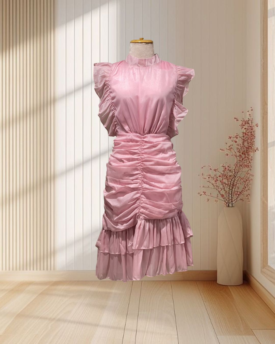 (NEW) เดรสสั้นสีชมพู แขนกุด แต่งปกระบาย กระโปรงขยุ้ม ไซส์ XL