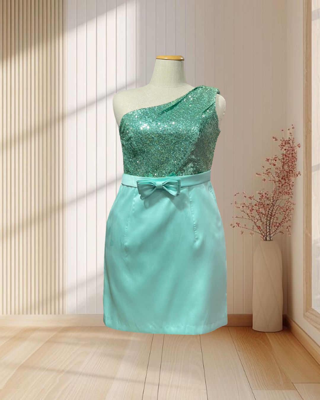 (PRE-LOVED) ราตรีสั้นสีเขียวมิ้นท์ ปักเลื่อมบ่าเฉียง ไซส์ 2XL