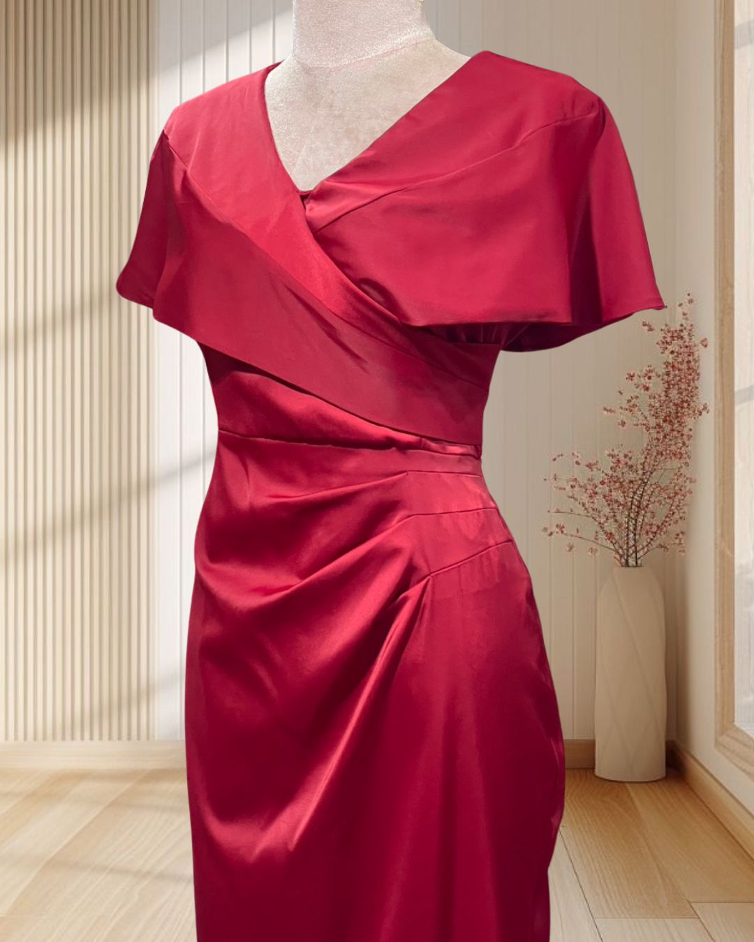 (NEW) ราตรีสั้น แต่งปกแขน ผ้าพรีเมียมซาติน จีบเอว ไซส์ L