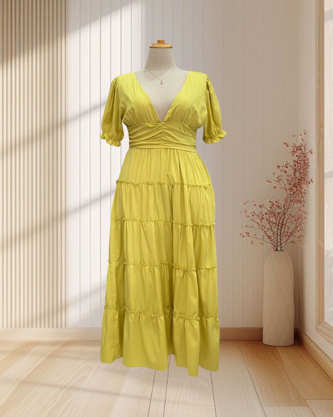 เดรสยาวสีเหลือง แขนตุ๊กตา คอวีแหวกลึก กระโปรงพอง ไซส์ 2XL