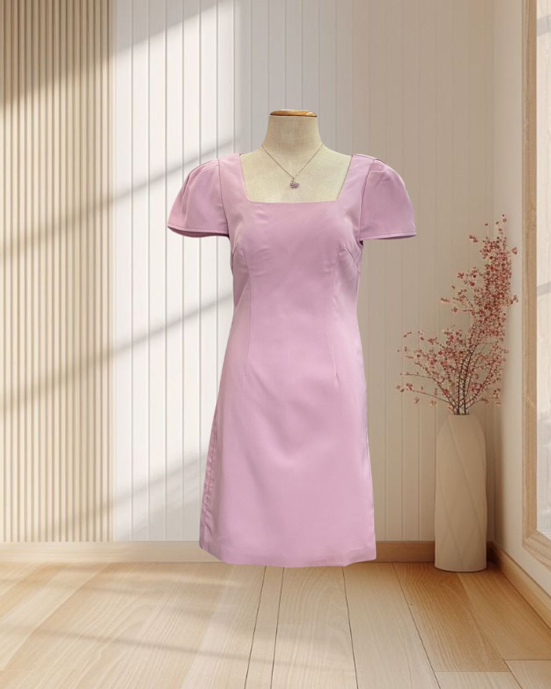 (PRE-LOVED) เดรสสั้นสีชมพู แขนพอง กระโปรงทรงสอบ ไซส์ M