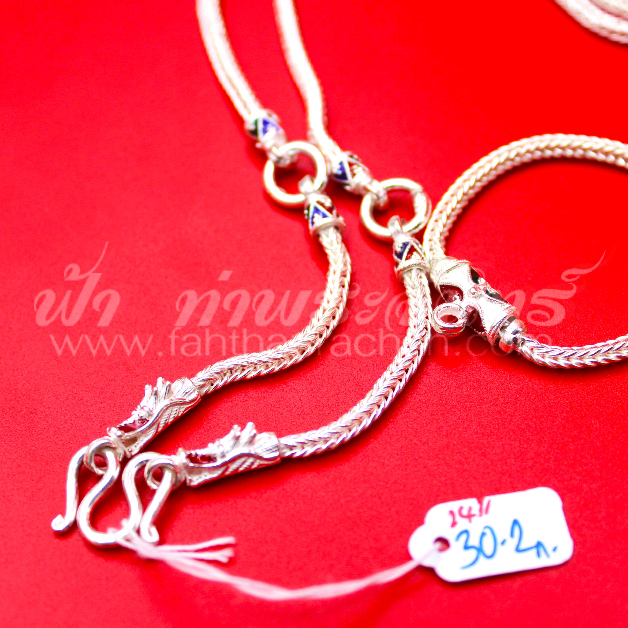 สร้อยคอเงินแท้ 92.5 ลายสี่เสา หัวมังกรลงยา แบบ 3 ห่วง มีห่วงหลัง