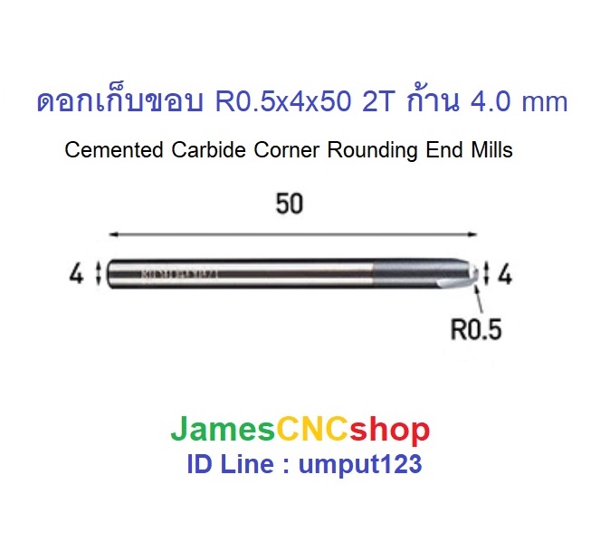 ดอกเก็บขอบ R0.5x4x50 2T ก้าน 4.0 mm Cemented Carbide Corner Rounding End Mills