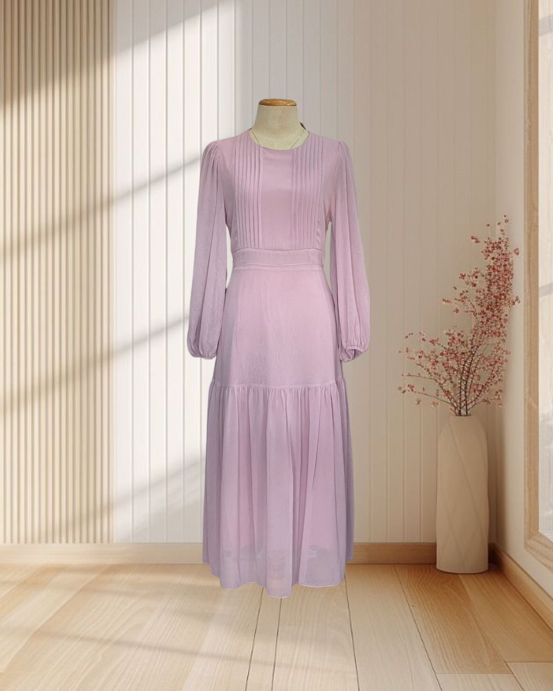 เดรสยาว สีชมพู ผ้าชีฟองแขนยาว ไซส์ M