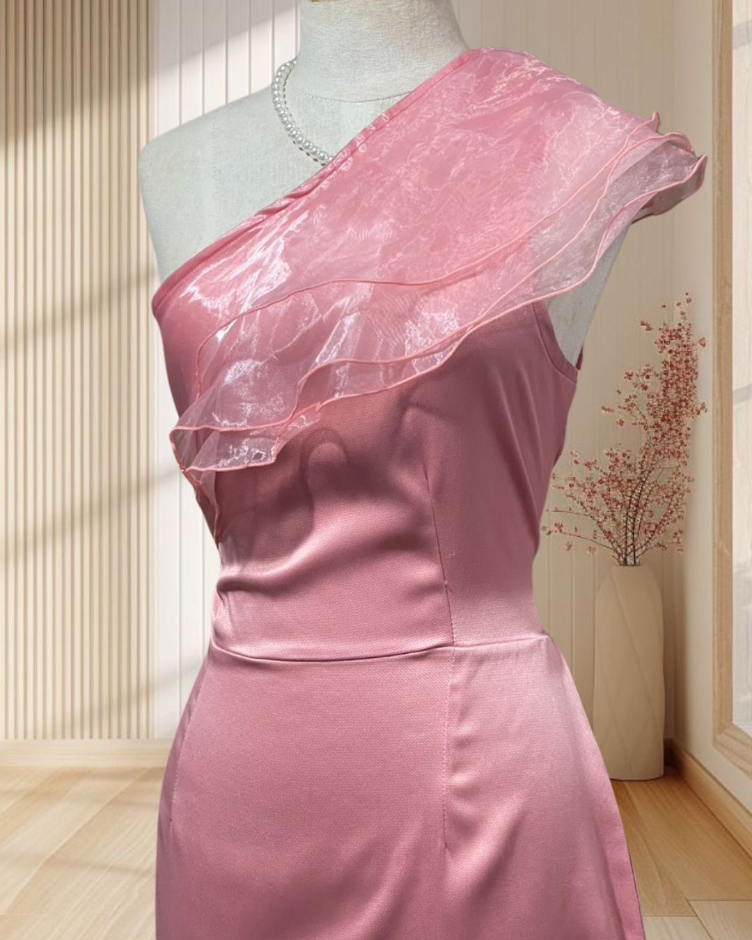 ราตรีสั้นสีชมพูบาร์บี้ บ่าเฉียงระบายผ้าแก้ว ไซส์ L