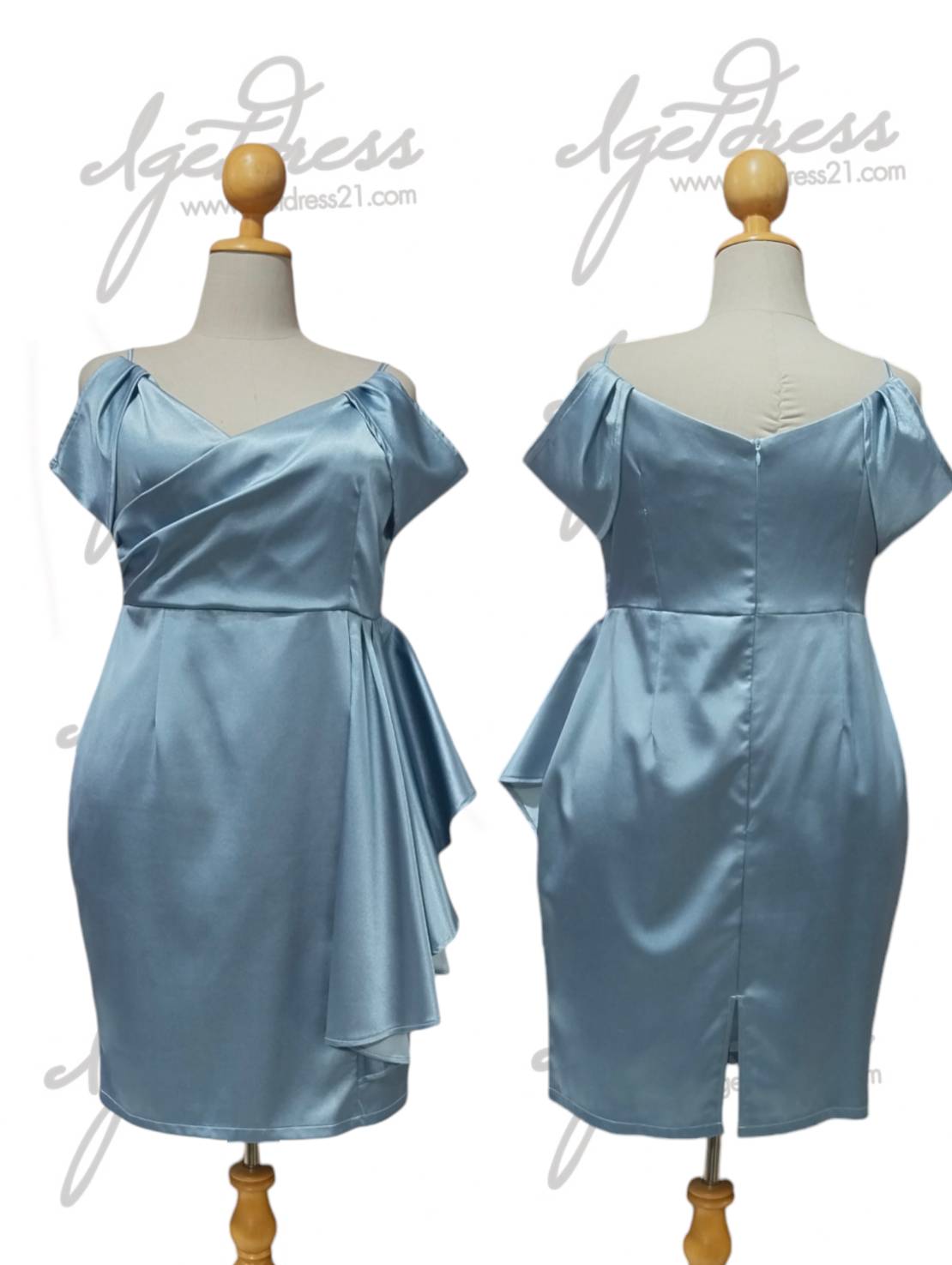 (PRE-LOVED) ราตรีสั้นสีฟ้าคิมเบอรี่จีบเอว (3XL) มือ2