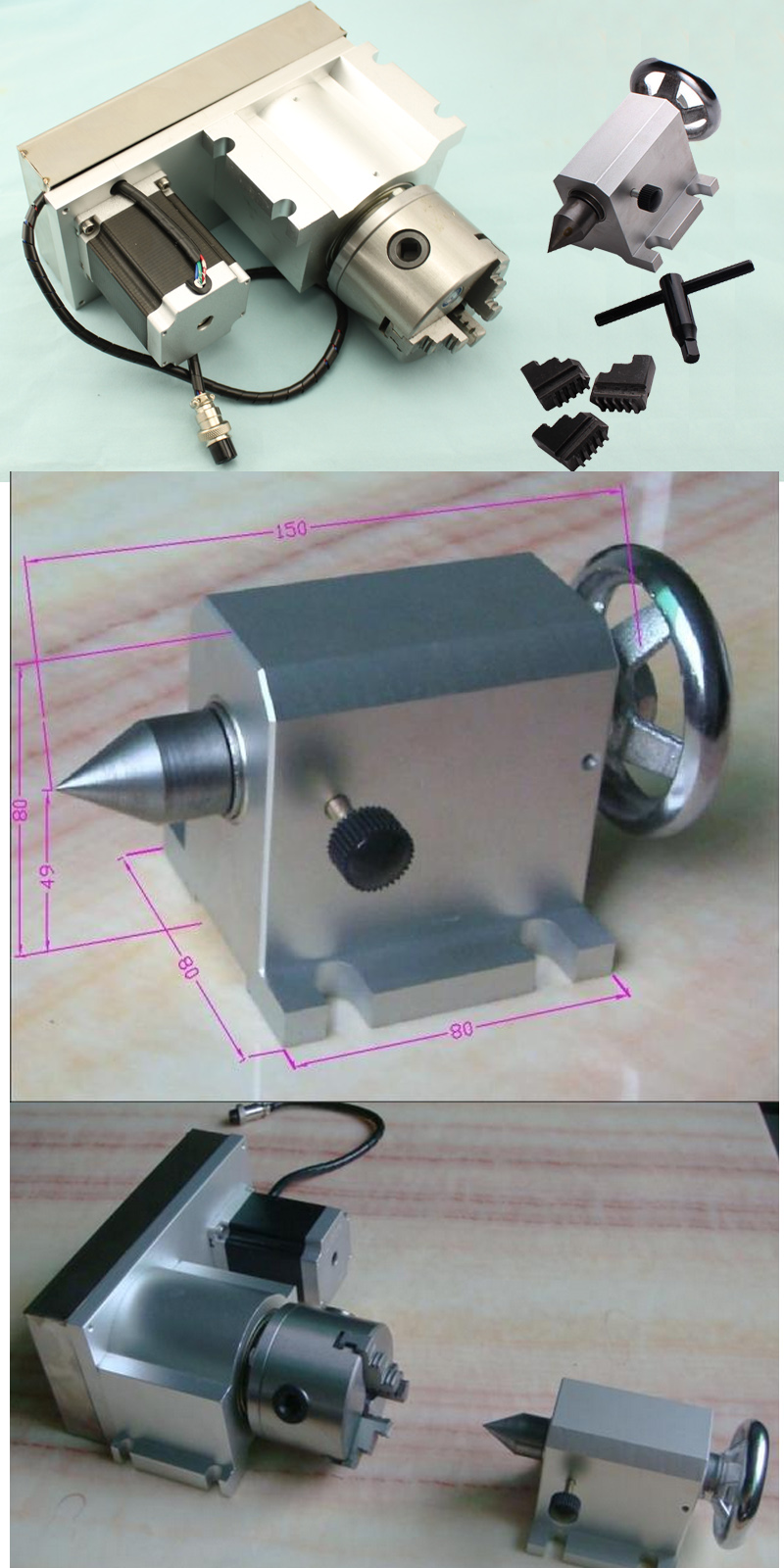 แกน A แบบ F หัวจับ80 mmF Style A-Axis, 4th-Axis, Router Rotational Rotary Axis 3-Jaw 80mm+Tailstock