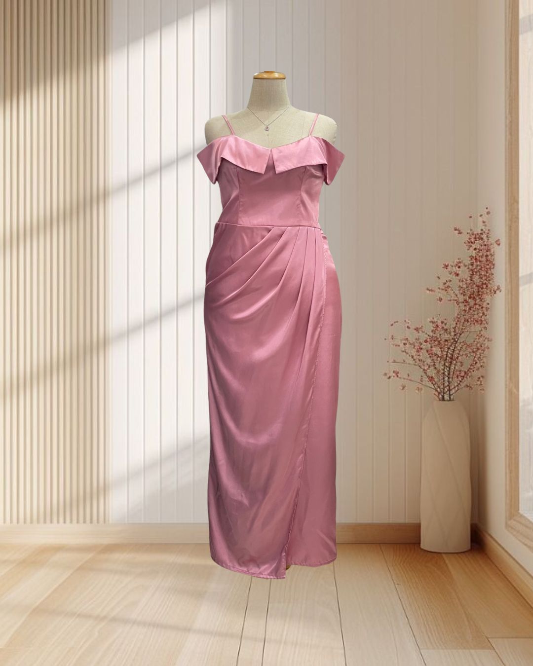 ราตรียาวสีชมพู สายเดี่ยว ปาดไหล่ จีบช่วงเอว ไซส์ 2XL