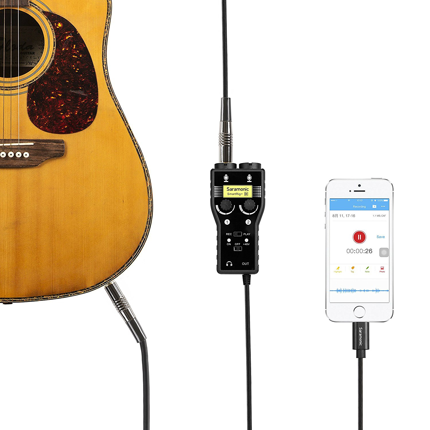 Saramonic SmartRig+ Di 2-Channel XLR & 3.5mm Microphone Mixer + 6.3mm Guitar Audio Interface with Phantom Power & MFi Certified Lightning Connector for iPhone, iPad, iPod, iOS Smartphones and Tablets รับประกันศูนย์ไทย 1 ปี