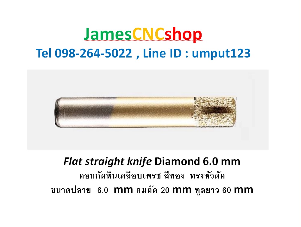 ดอกกัดหินเคลือบเพรช สีทอง แกน 6 mm หัวตัด Flat straight knife Diamond Tools 6.0 mm