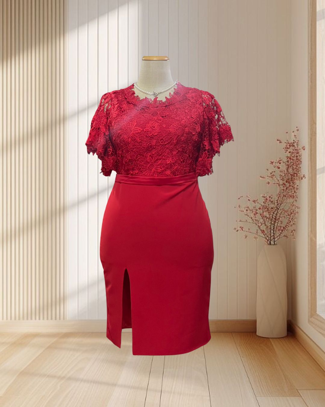 ชุดเดรสคุณแม่สีแดง ลูกไม้ระบายแขน กระโปรงผ้าฮานาโกะ ไซส์ 2XL