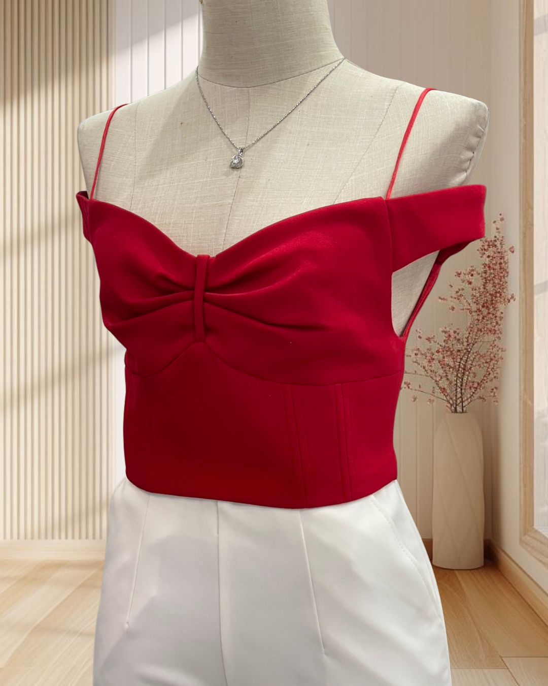 เสื้อครอปสายเดี่ยว สีแดง งานซิปด้านหลัง ปาดไหล่โบว์ ไซส์ S