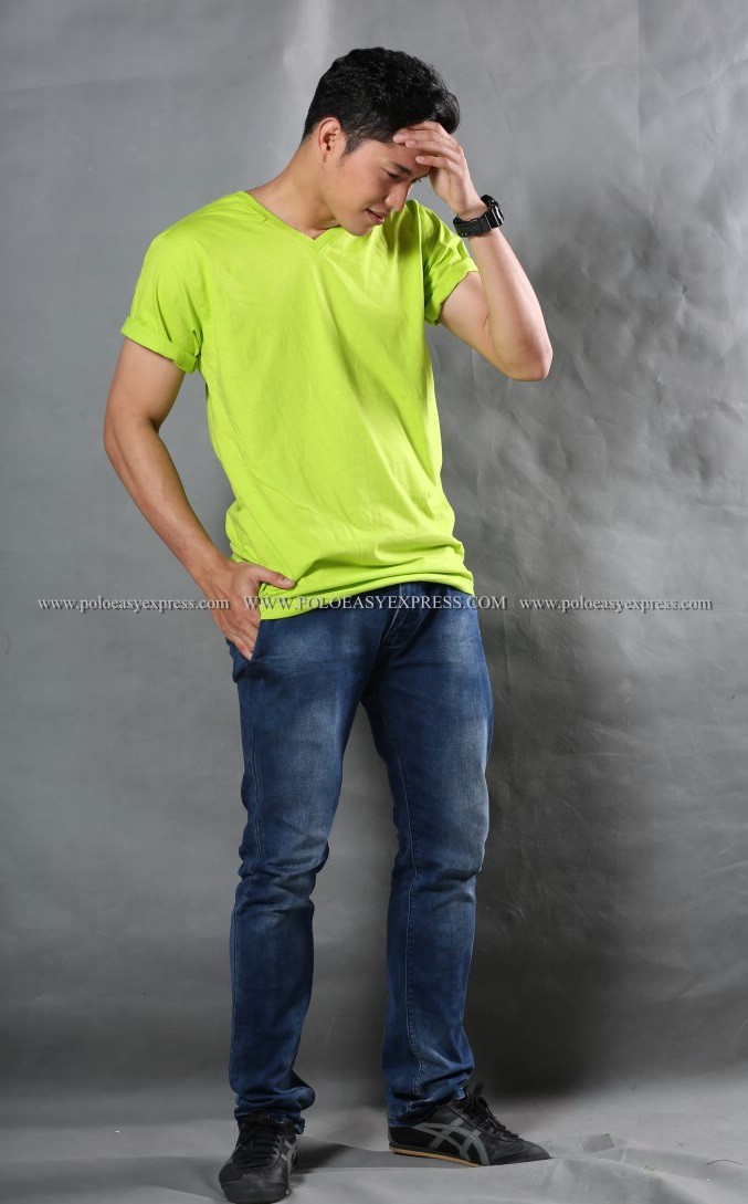 2XL เสื้อยืด สีเขียวมะนาว คอวี แขนสั้น Size 2XL