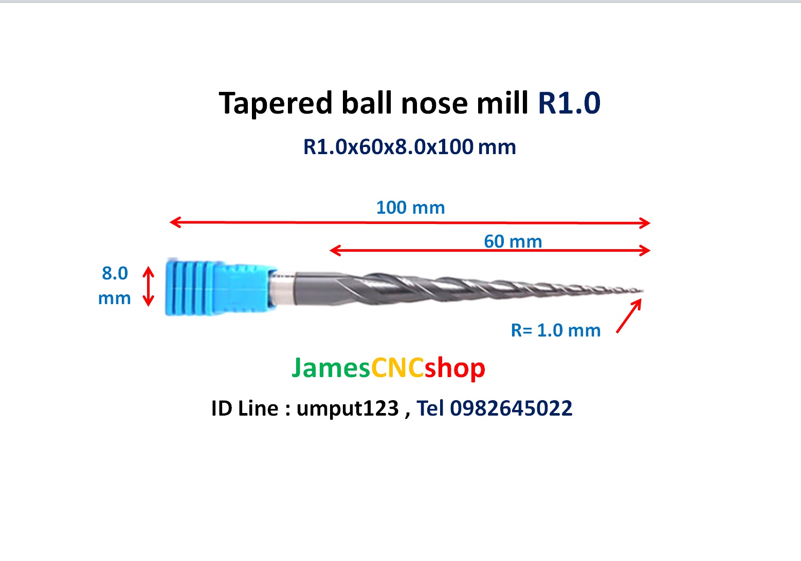 R1.0x60xD8x100 mm Tapered ball nose end mill TiAlN Carbide coat