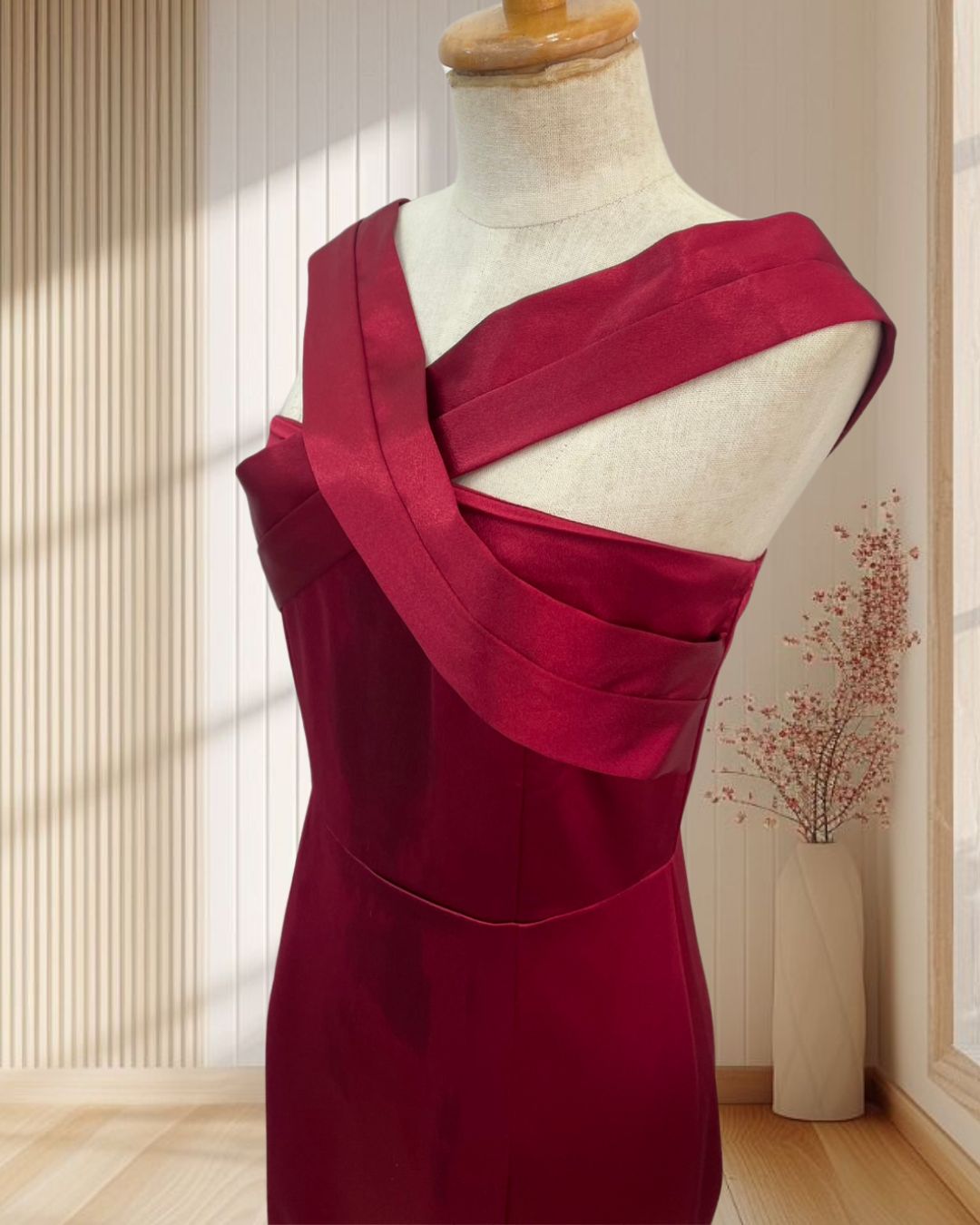 (PRE-LOVED) ราตรียาวสีแดงปาดไหล่ไขว่หน้า (S)