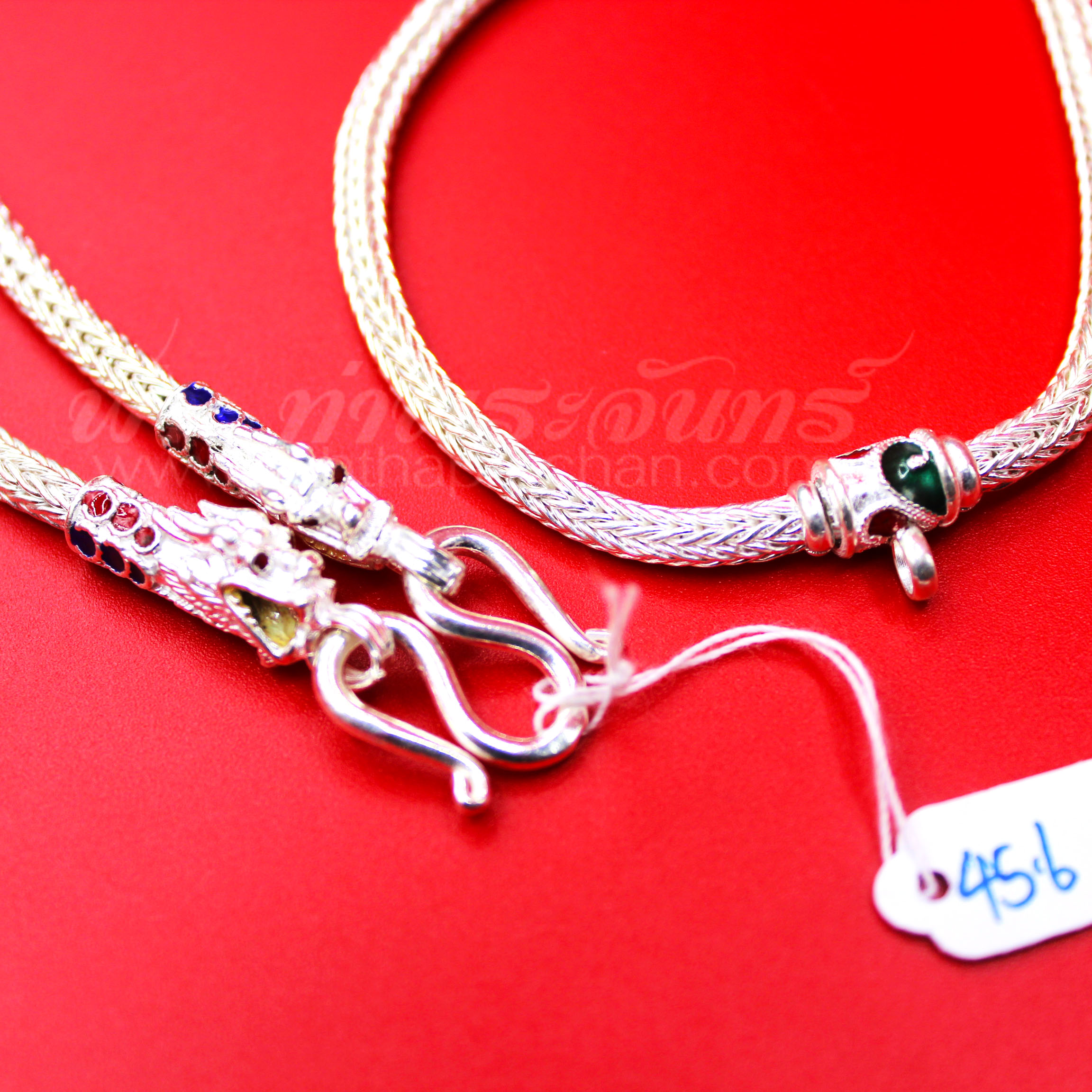 สร้อยคอเงินแท้ 92.5% ลายหกเสา หัวมังกรลงยา แบบห่วงเดียว มีห่วงหลัง