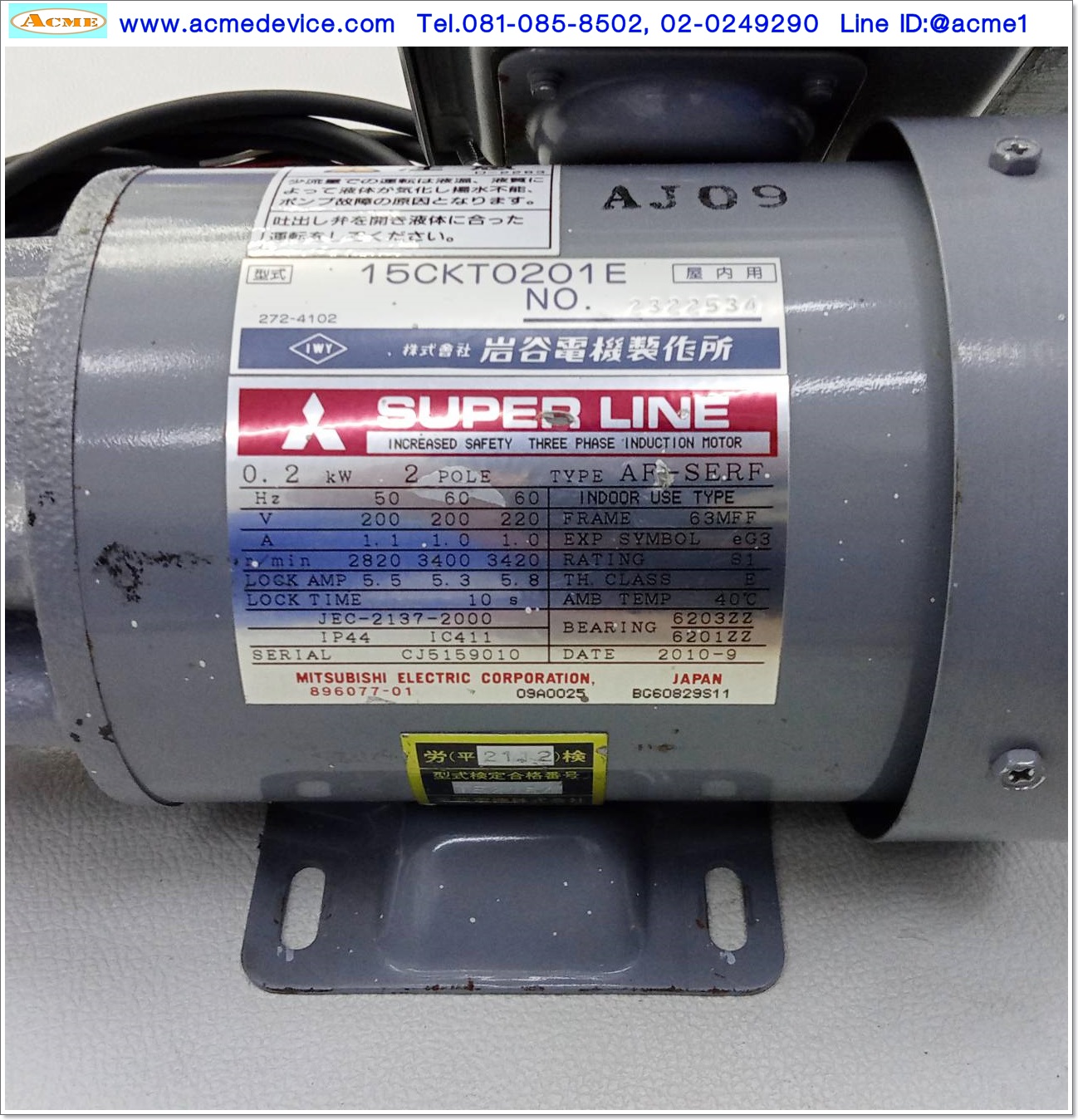 Pump IWAYA รุ่น 15CKT0201E, H 11m, Q 8.5L/min, Stainless Pump, Explosion Proof Motor, 3phase 220V, 0.2kW