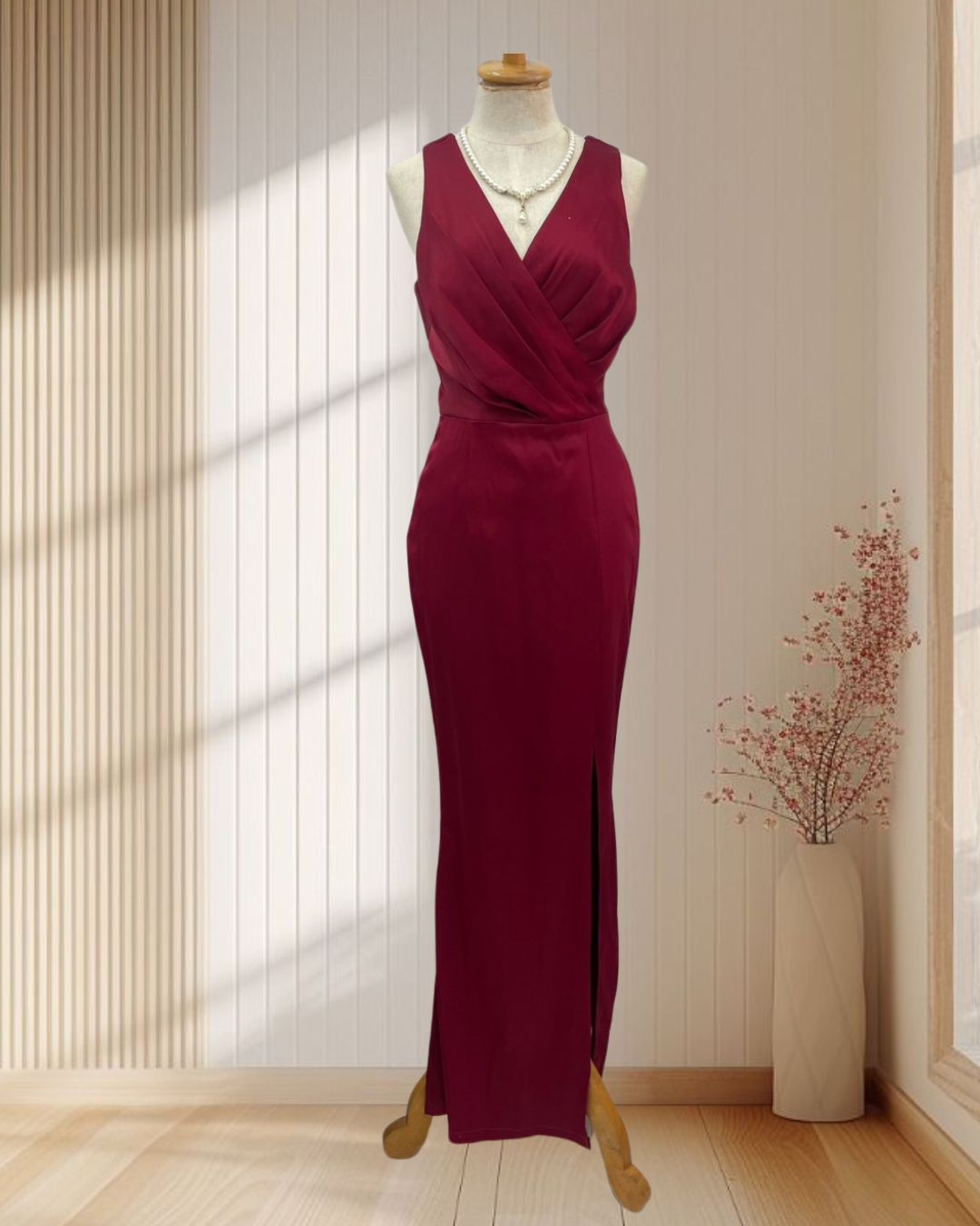 ราตรียาวสีแดงแขนกุดคอวี (M)