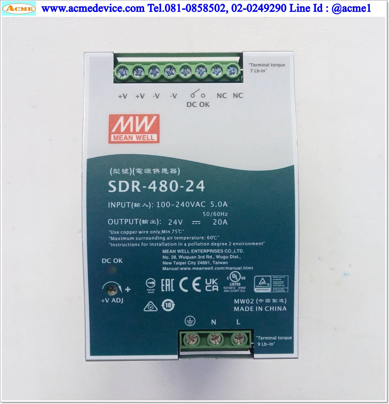 Power Supply Mean Well รุ่น SDR-480-24, Output 24V, 20A, 480W